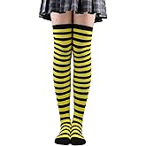 QEAGVJ Black and Yellow Striped Socks Over the Knee Thigh High Bee Socks Costume Accessories Bumble Bee Stockings for Halloween Parties