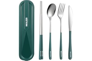 INKULEER Travel cutlery set, 18/8 stainless steel cutlery, Reusable utensils set with case, Portable Silverware Lunch Box for Camping and Office (Green/knife set)