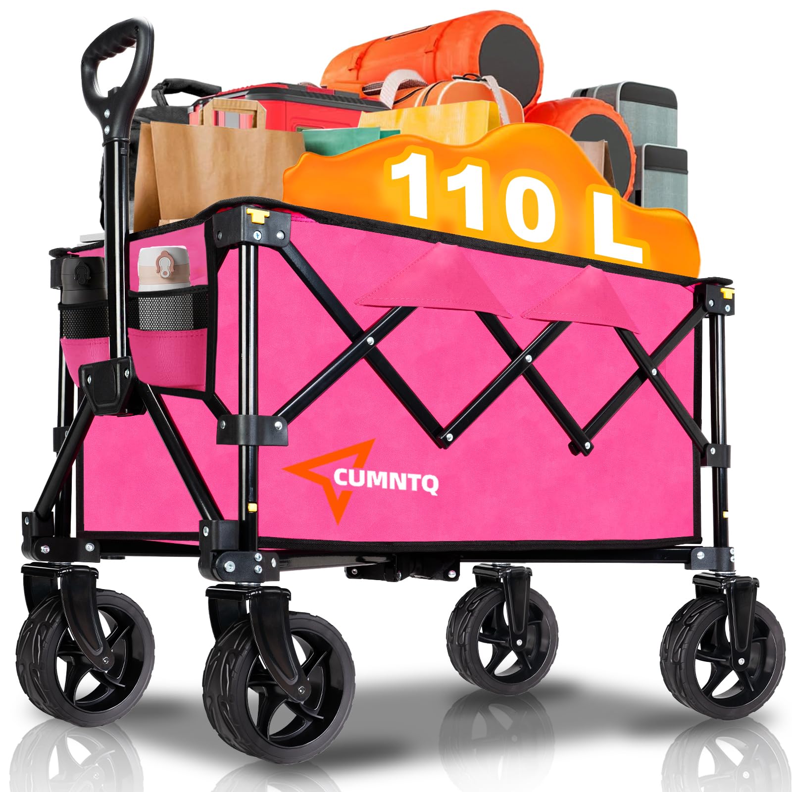 Photo 1 of Collapsible Wagon Cart with Wheels, Heavy DutyFoldable Wagon Cart with 230lbs Weight Capacity, UtilityBeach Wagons Portable for Outdoor, Grocery, Camping,.Shopping, Rose Red