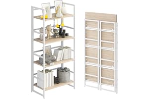 GHQME No-Assembly Folding Bookshelf Storage Shelves 4 Tiers Vintage Multifunctional Plant Flower Stand Storage Rack Shelves Bookcase for Home Office (White)