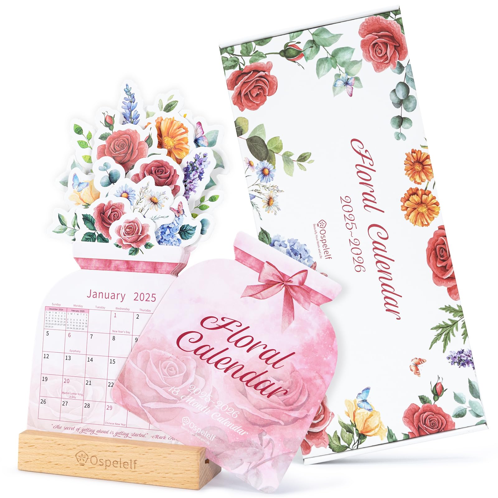 Photo 1 of Ospelelf Floral Desk Calendar 2025-2026, Mini Pink Standing Motivational Rose Decorative Calendars, 18 Months, from January 2025 to June 2026, Home Office Decor Desk Accessories