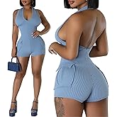 Molilove Women's Sexy Short Jumpsuits V Neck Sleeveless High Elasticity Short Rompers with Pockets Bodycon One Piece Outfits