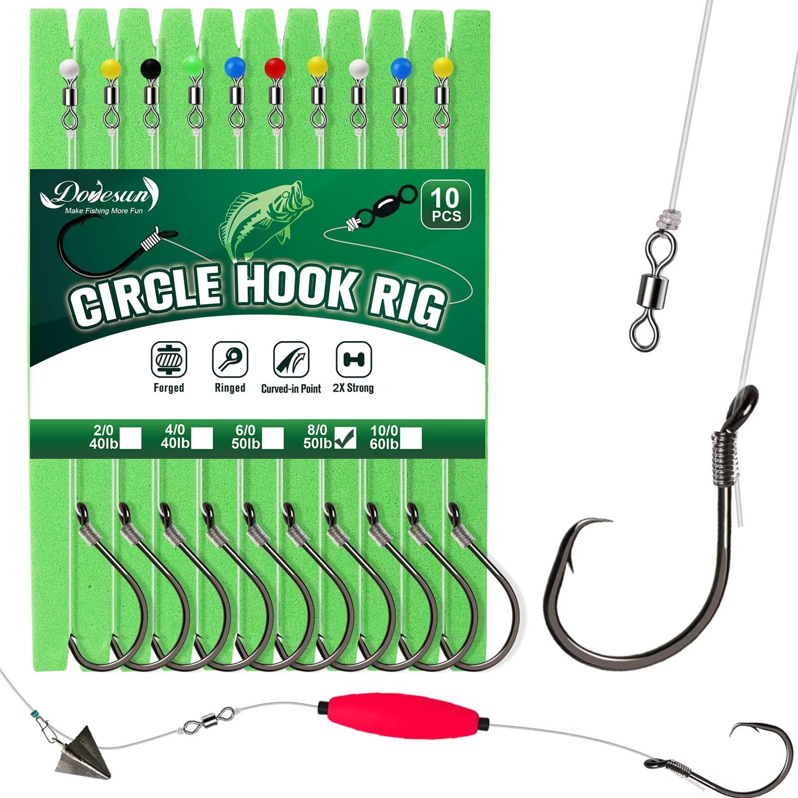 Dovesun 10PCS Circle Hooks Rigs Pre-rigged Catfish Rig Fishing Hooks for Saltwater Freshwater Circle Hooks Catfish Hooks 8/0
