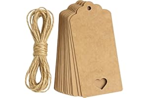 Generic 100 Pcs Kraft Paper Gift Tags with Heart Hollow, 9x4 cm Blank Hang Labels with 100 Pre-Cut Hemp Strings for Wedding P