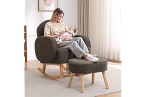 HCHAIRH Rocking Chair with Ottoman, Nursery Glider Rocker with High Backrest and Side Pocket, Teddy Rocking Accent Armchair with Solid Wood Legs for Nursery, Living Room, Bedroom Green