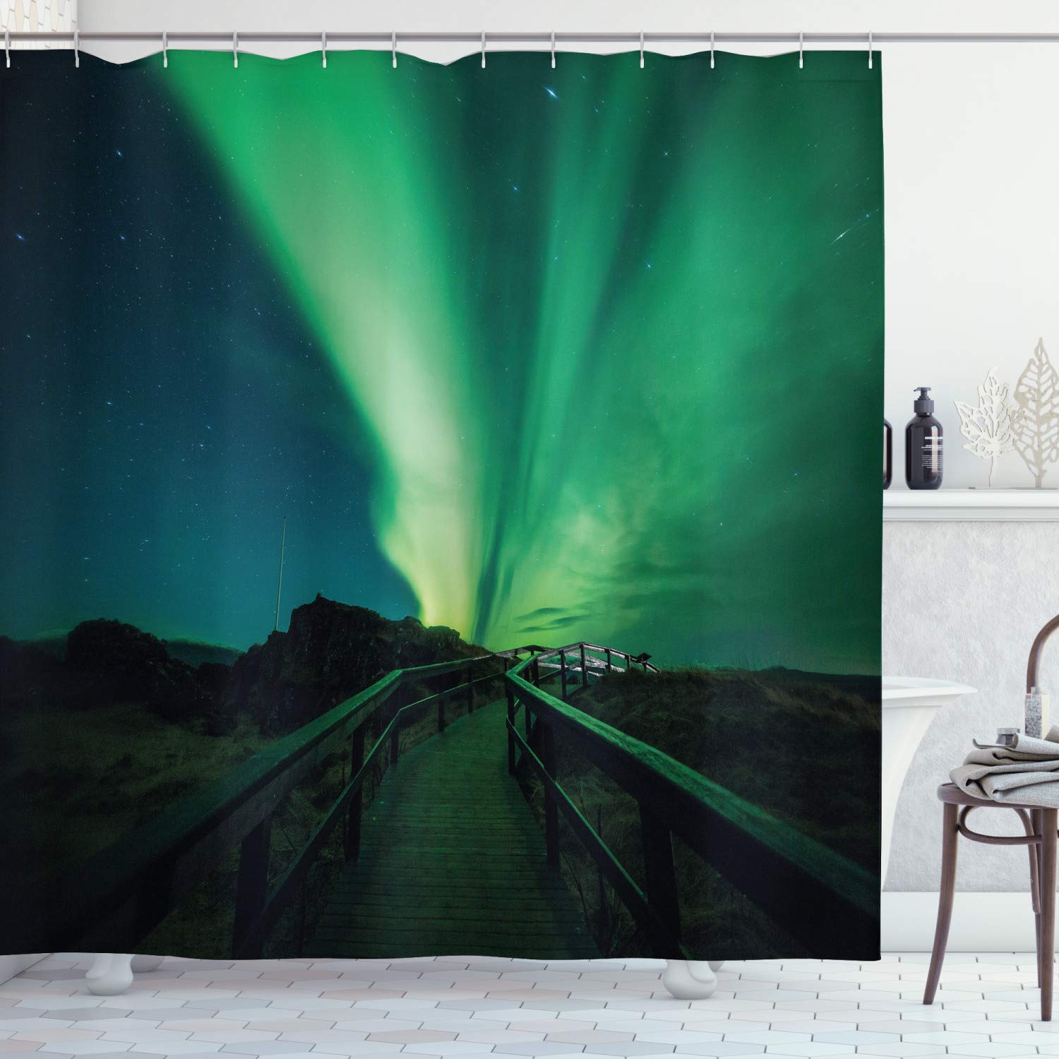 ABAKUHAUS Aurora Borealis Shower Curtain, Wooden Bridge Solar Sky Scenic Radiant Rays Arctic Magic Scenery, Cloth Fabric Bathroom Decor Set with Hooks, 94 Inches, Fern Green Dark Blue