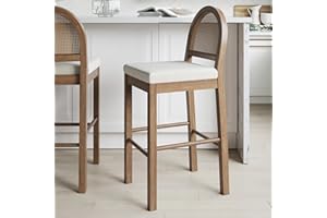 Nathan James Bailey 29 in. Boucle Bar Stool with Back, Bar Height Chair with Natural Woven Rattan Back and Solid Wood Legs, Light Brown