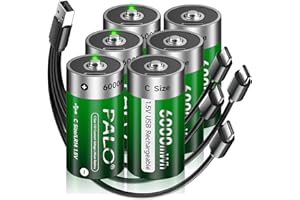 PALOGREEN Rechargeable Lithium C Batteries with 4 in 1 USB-C Charge Cable,6 Pack C Cell Li-ion Battries,LR14 1.5V C Size Cell Battery Replacement 6000mWh for Floodlight Toys, Recharge up to 1500+ Cycles