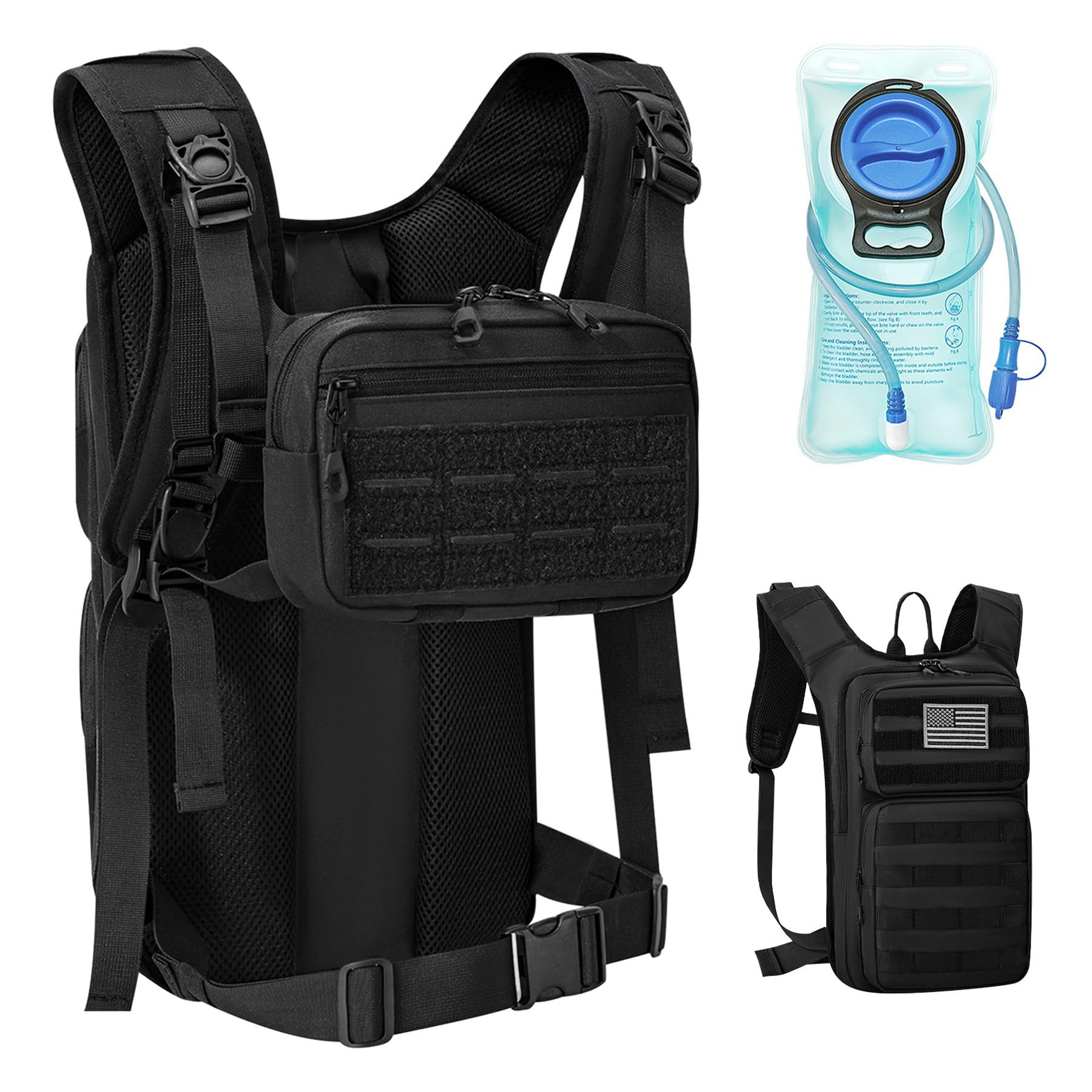Photo 1 of Koculemi Tactical Hydration Backpack with 2L Water Bladder and Front Small Tactical Pouch, Outdoor Water Backpack for Men Women, Sports Hydration Pack for Hiking, Cycling, Climbing (Black, M)