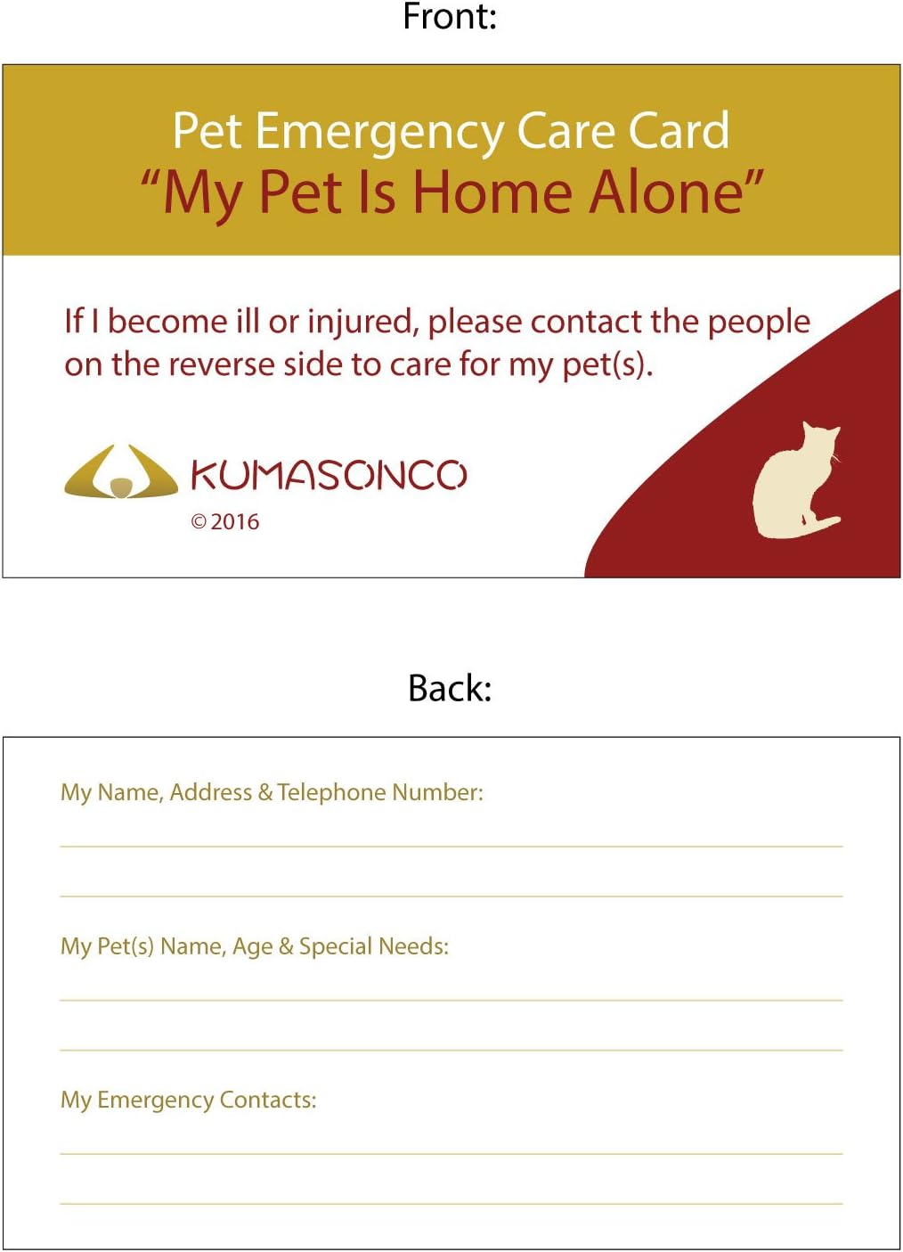 KumasonCo Pet Emergency Care Card Cat