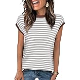 Kopinma Cap Sleeve Tops for Women Summer Striped Short Sleeve Sweater Top Crew Neck Sleeveless Vest Spring Going Out Shirts