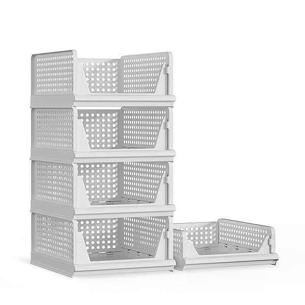 PROAREA 5 PACK STACKABLE PLASTIC STORAGE BASKET CLOSET ORGANIZER BIN FOLDABLE CLOTHES ORGANIZER STORAGE DRAWER SHELF CONTAINER FOR LIVING ROOM BATHROOM KITCHEN OFFICE (4L+1S)