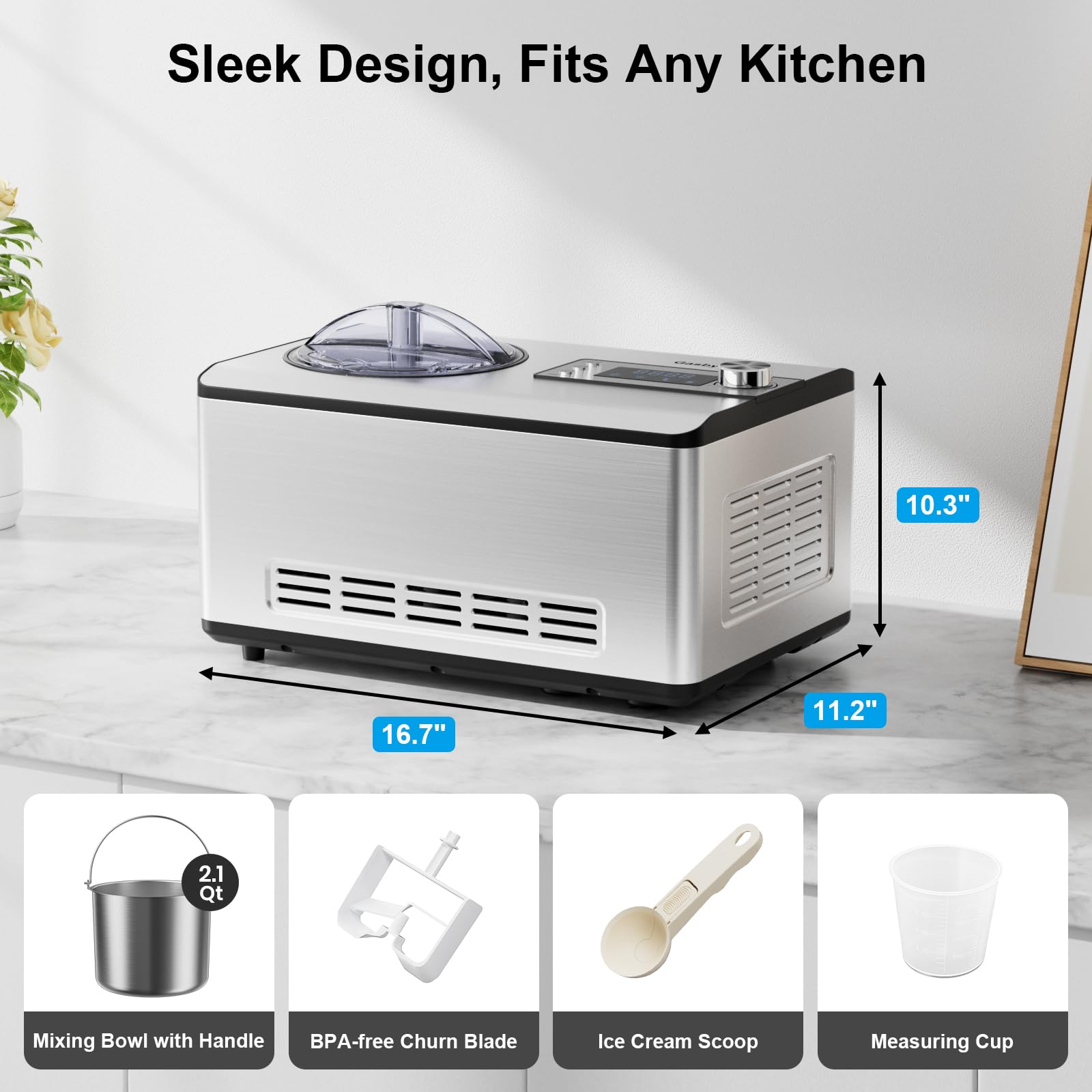 Máquina para hacer helados Gasbye con compresor mejorado, [congelación 40% más rápida], no necesita precongelación, pantalla LED, capacidad de 2.1 cuartos, fácil operación para helados y yogures, acero inoxidable