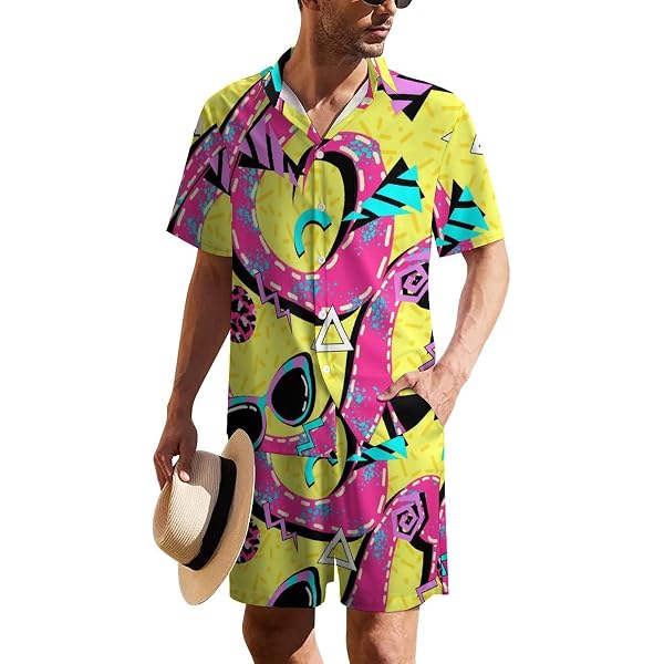 80s 90s Hip Hop Rapper Costume Set – Men's Tracksuit With Button Shirt, Shorts, Hat & Accessories (7 Pieces)