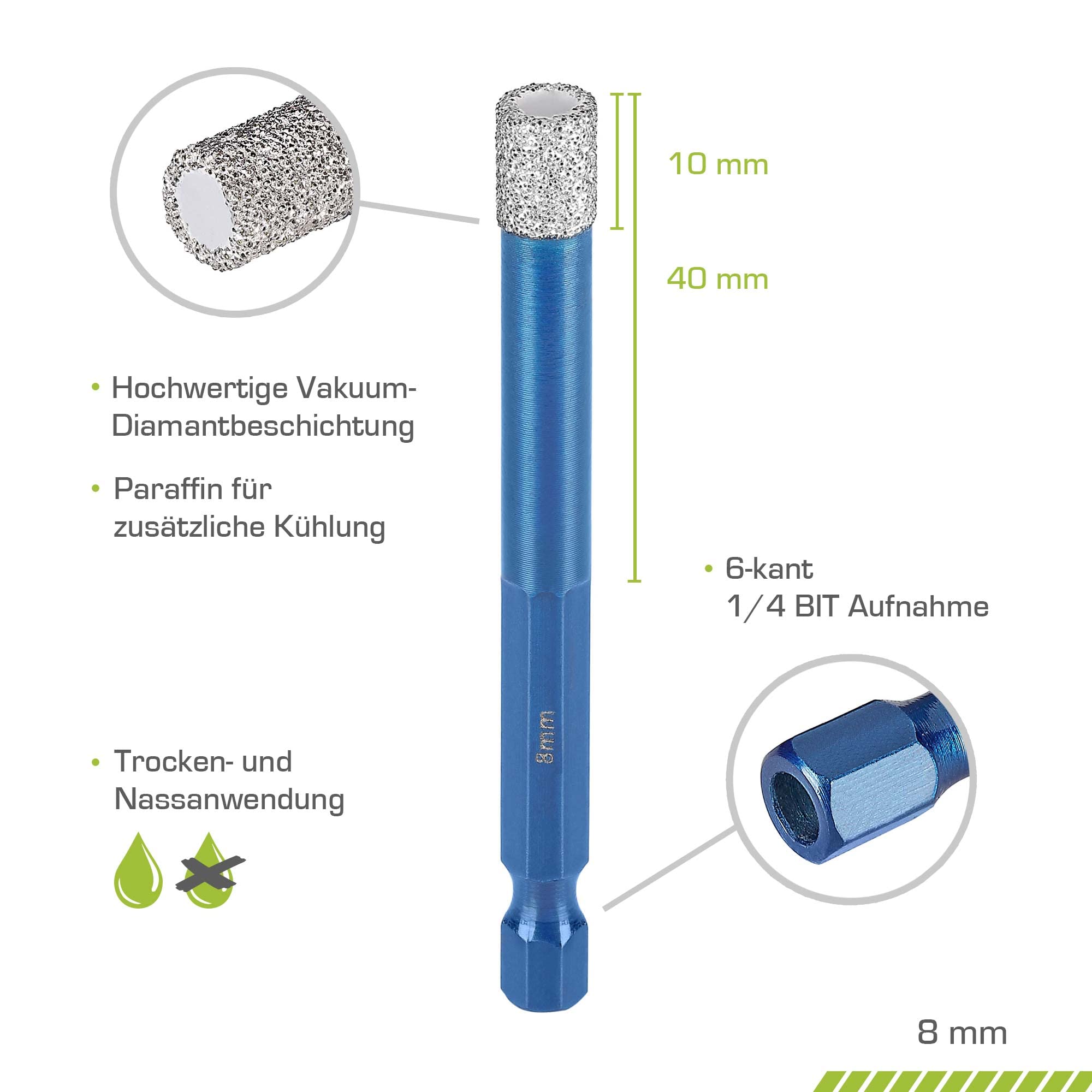 Profi Fliesenbohrer 8mm BIT Adapter - Diamantbohrer für Feinsteinzeug, harte Fliesen uvm. Diamantbohrkrone für Bohrmaschinen | rendech® Markenqualität 4