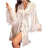 OYOANGLE Women's Satin Sheer Robe Fuzzy Silk Belted Bathrobe V Neck Long Bell Sleeve Kimono