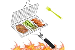 Portable Grill Basket, KisSealed Grilling Basket, Foldable 430 Stainless Steel BBQ Grill Basket with Removable Handle for Gri
