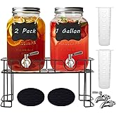Ltzmcmy 1 Gallon Glass Drink Dispensers for Parties,2 Pack Beverage Dispenser with Stand and Stainless Steel Spigot,Glass Water Lemonade Dispenser with Ice Cylinder for Party Drink,Iced Tea,Kombucha