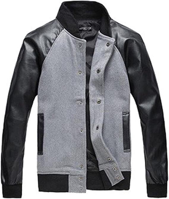 Amazon Co Jp Ambly スタジャン メンズ Puレザー切替 ジャケット ジャンパー ブルゾン アウター 長袖 黒 グレー グレーxl 服 ファッション小物
