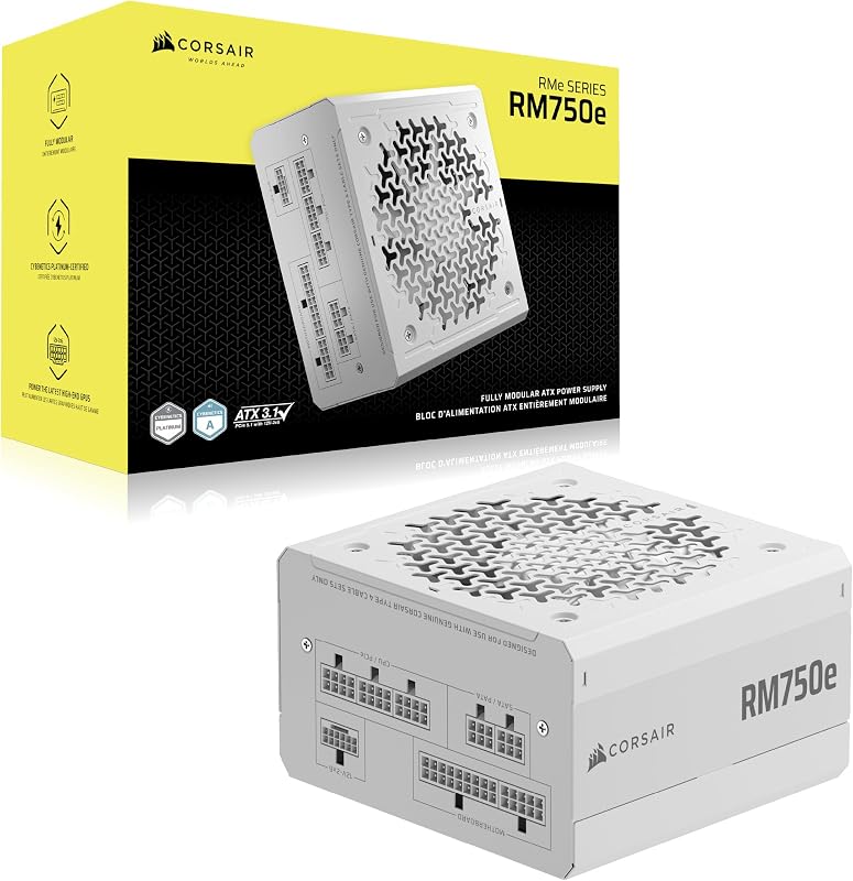 RM750e (2025) Alimentation ATX Entièrement Modulaire à Faible Bruit avec Câble 12V-2x6 – Compatible ATX 3.1 et PCIe 5.1, Efficacité Cybenetics Gold, Condensateurs Résistants à 105°C – Blanc