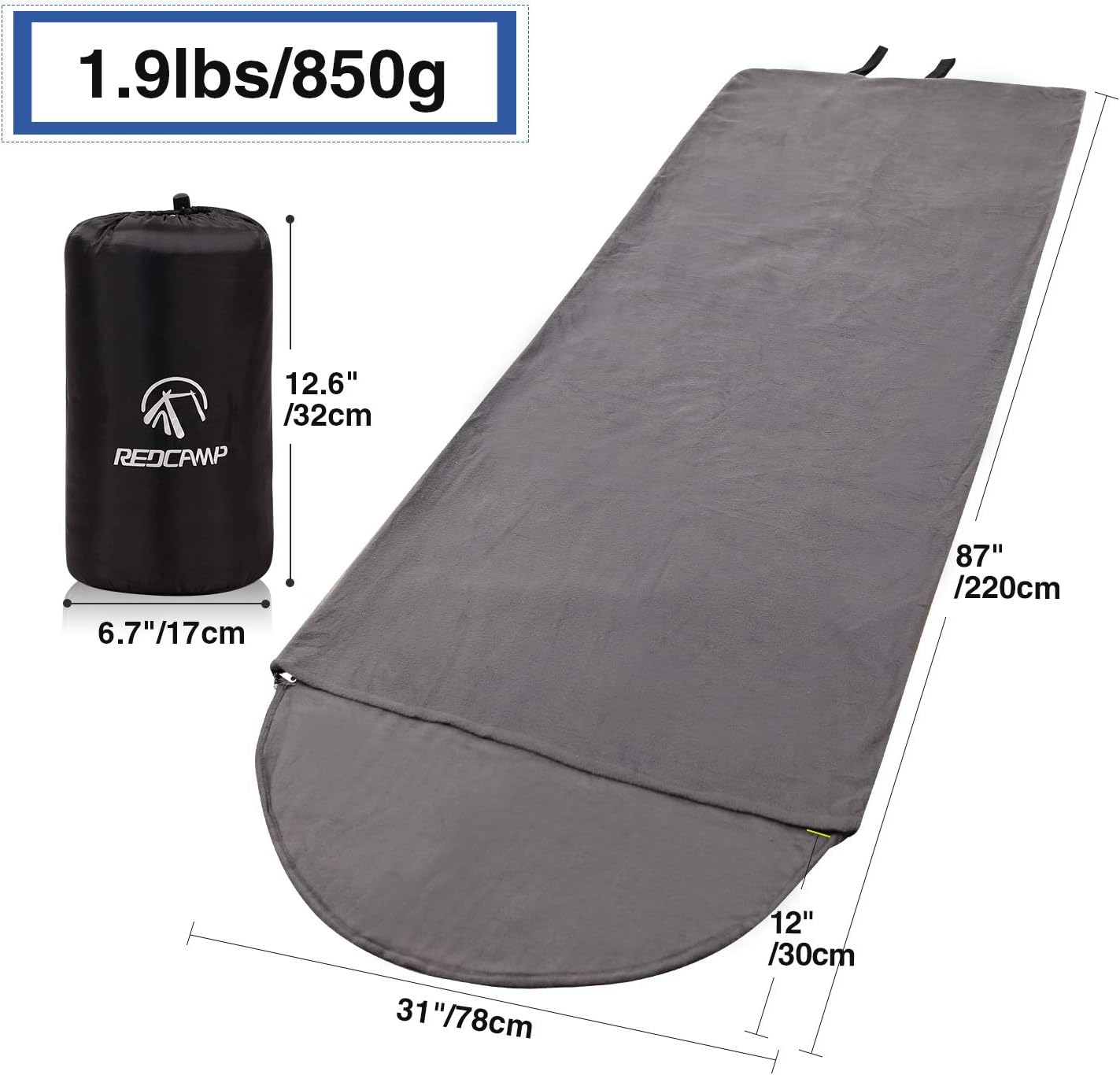 REDCAMP Fleece Sleeping Bag Liner with Hood, Great for Adult Warm or Cold Weather, 87" Long Full Sized Zipper Camping Blanket for Outdoor, Grey: Home & Kitchen