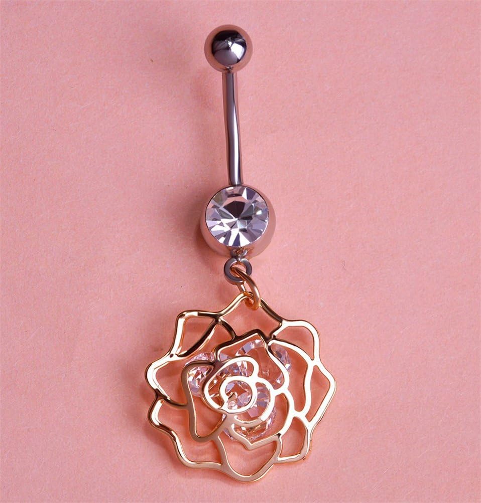 Blucoo New Elegant Hollow Rose Belly Button Piercing Navel Ring (Gold)