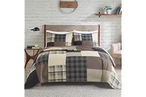 WOOLRICH JOHN RICH & BROS. Woolrich Winter Hills Reversible Quilt Set - Cottage Styling Reversed to Solid Color, All Season Lightweight Coverlet, Cozy Bedding Layer, Matching Shams, Oversized Full/Queen, Plaid Tan 3 Piece