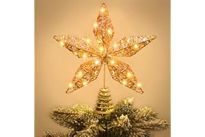 JOICEE Christmas Star Tree Topper, Christmas Gold Star Tree Topper with LED Copper String Lights for Christmas Decoration, Gold Hollow Glitter Star Tree Toppers for Xmas New Year Holiday Decor.