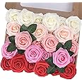 MACTING 30PCS Artificial Rose Flowers Real Touch Fake Flowers with Stem Foam Roses for DIY Wedding Bouquet Bridal Shower Table Centerpieces Home Spring Decorations (Gradual Red Series)