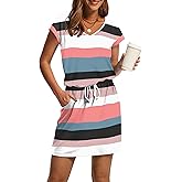 OFEEFAN Summer Dresses for Women 2026 V Neck T Shirt Casual Mini Dresses Tie Waist Sundresses with Pockets