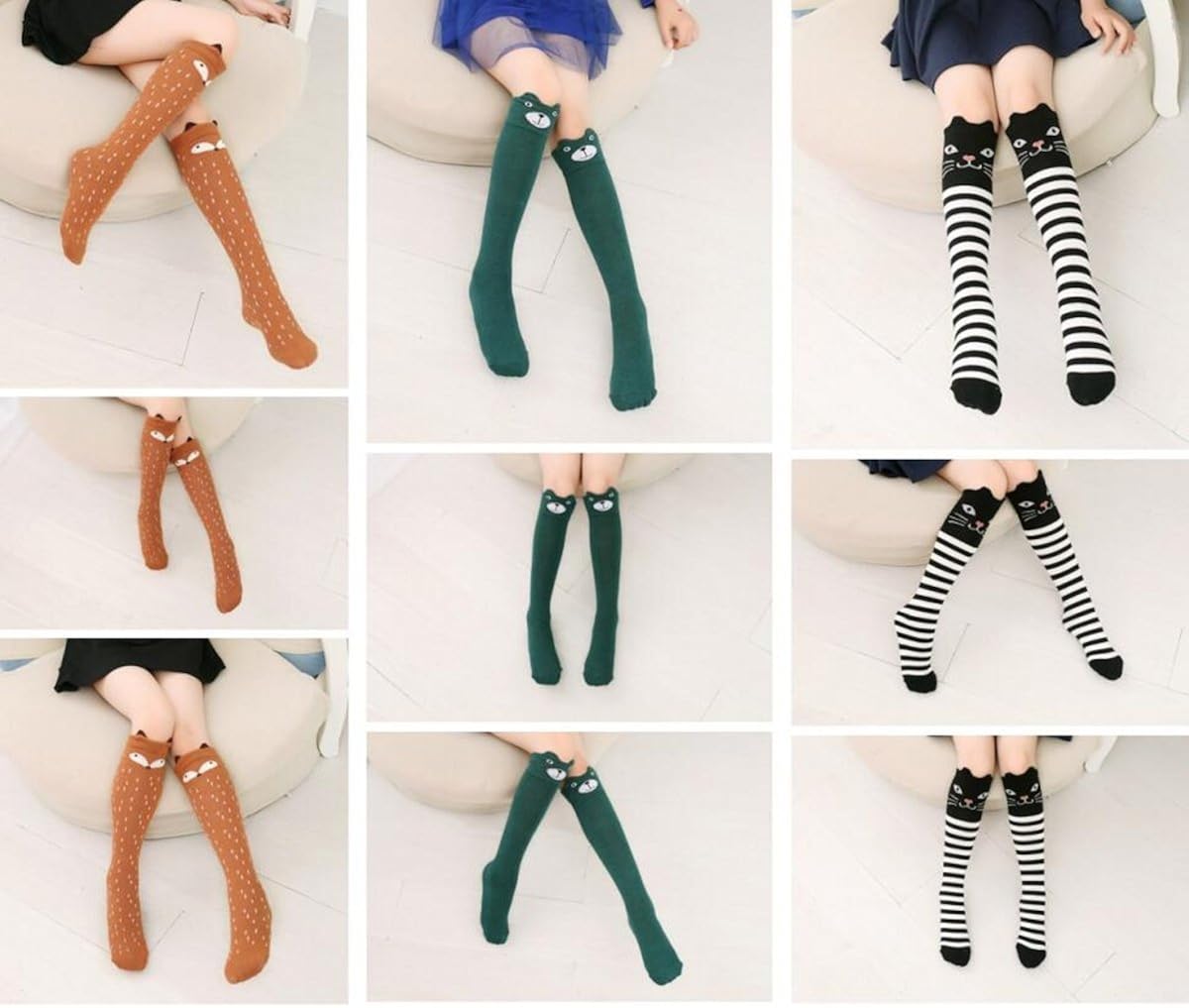 Girl Cartoon Animal Cat Bear Fox Cotton Over Calf Knee High Socks, 15.74-16.53 inch/40-42 cm, Mixed colors: Clothing