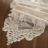 ARTABLE Champagne Lace Table Runner Macrame Dresser Scarf 10 x 47 Inch | Embroidered lace table runner with macrame flower detail for vintage dining coffee table wedding holiday and home decor
