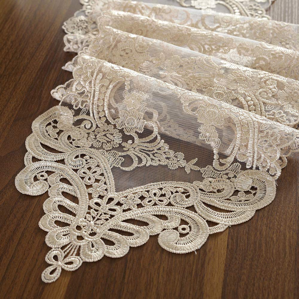 Photo 1 of ARTABLE Lace Table Runner Dresser Scarf Macrame Embroidered Table Runners with Exquisite Flower Vintage Shabby Chic for Wedding Holiday Dinning (Champagne, 10 x 47 Inch)