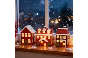 WDS WONDROUS Ceramic Christmas Village Houses Red, Sets of 3 Lighted Houses Hand Painted, Indoor Red and White Xmas Houses Village Decor for Home Table Room Farmhouses
