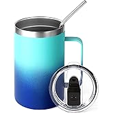 Volhoply 16oz Insulated Coffee Mug with Lid and Straw, Stainless Steel Travel Mugs with Handle, Double Wall Vacuum Leak Proof Coffee Tumbler Cup (Green Blue,1)
