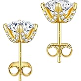 KRKC Moissanite Earrings, Lab Grown Diamond Stud Earrings for Women, 14K Golden Plated Sterling Silver, Bloom Design, 2 Carat D Color VVS1, Hypoallergenic, Gift for Wife, Mom, Her