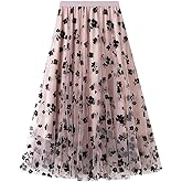 LA12ST Women 3D Posy Double-Layered Skirt Elastic Waist Floral Print Mesh A-Line Midi Skirt