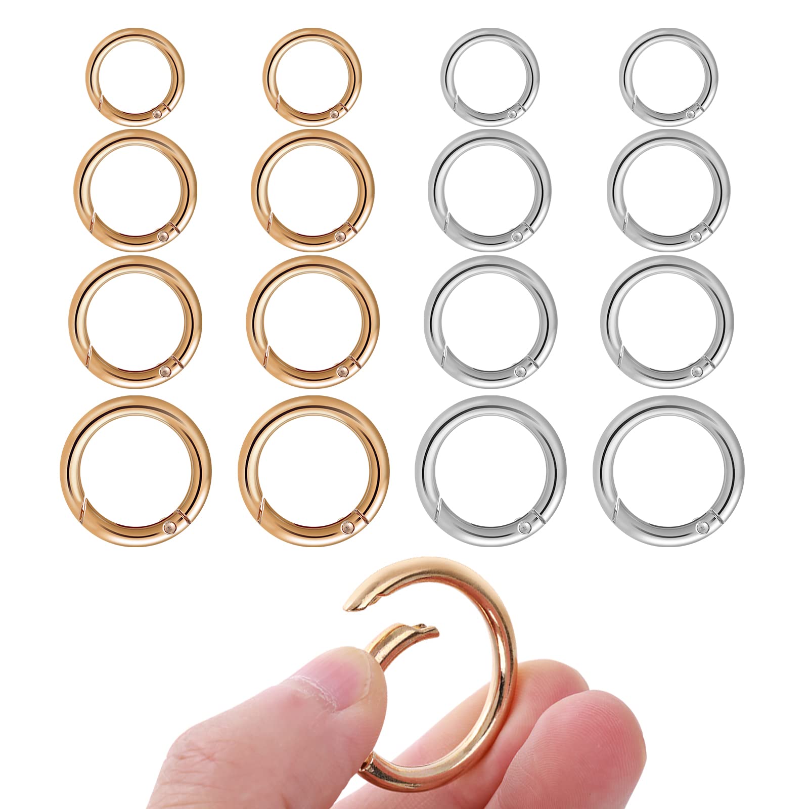 Yolev 16PCS Trigger Metal Spring O Rings Round Carabiner Clip Snap Trigger Spring Keyrings Buckle for Bag Purse Handbag Strap Craft Jewelry Making (Outside Diameter 25mm Silver, Gold)