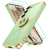 Gritup for Samsung Galaxy S23 Case: with 2Pcs Screen Protector, 360&deg; Rotation Ring Holder Magnetic Kickstand, Plating Gold Edge Soft TPU Shockproof Protective Cover for Galaxy S23, Pea Green