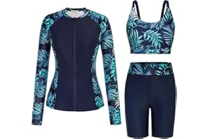 GRACE KARIN Women's 3 Piece Rash Guard Built-in Bra Long Sleeve UV Sun Protection Swimsuit Zip up Swim Top Shirt Modest