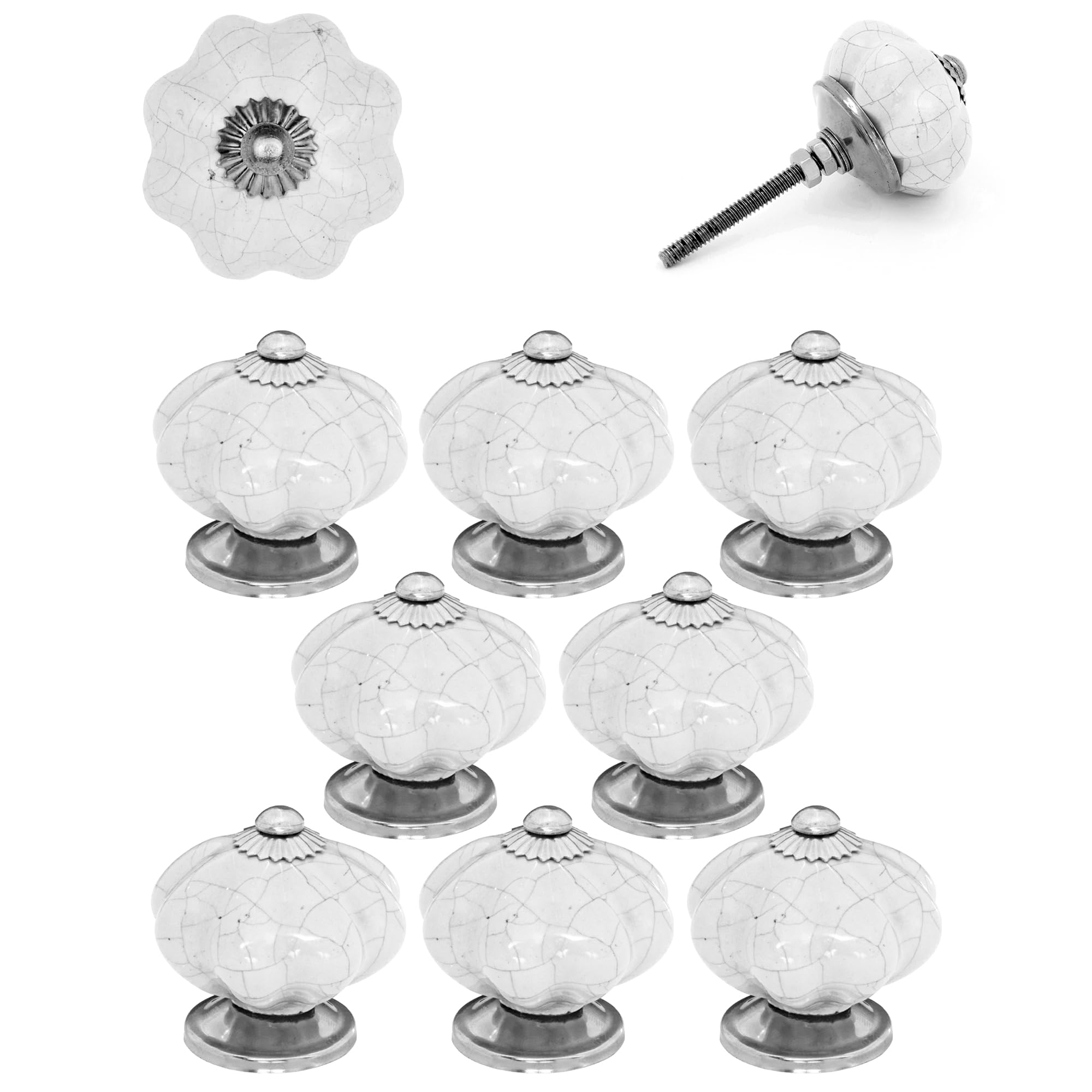 ETHNICITI Pack of 8 Pumpkin White Crackle 40mm Ceramic Door Knobs Vintage Shabby Chic, Wardrobe Cabinet Cupboard Drawer Interior Furniture Pulls Handles Bedroom Dresser Lounge Kitchen