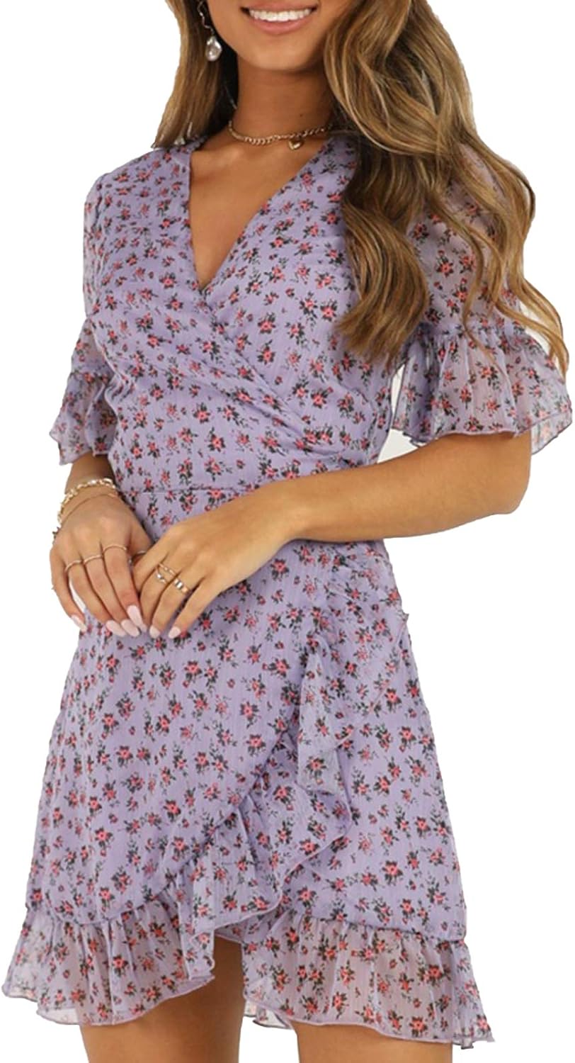 DRESSES Women Lilac Floral Wrap Dress Summer Elegant Flare Sleeve Boho