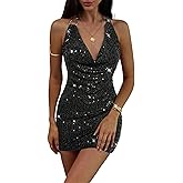 OYOANGLE Women's Sequin Sparkly Cami Halter Mini Dress Cowl Neck Ruched Backless Party Cocktail Dresses