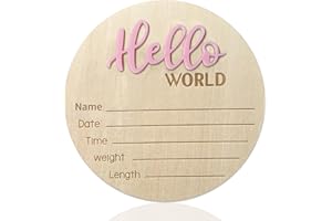 DUOJINSANXI Baby Announcement Sign, ​5.9 Inch Wooden Hello World Newborn Signs, Birth Announcement Sign, Baby Shower Hospital Nursery for Newborn Boys and Girls… (Pink)