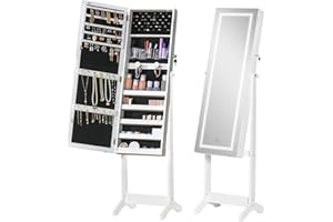 HOMCOM Lockable Mirror Jewelry Cabinet Armoire with LED Light, Angle Adjustable Jewelry Organizer with Full-Length Mirror for