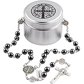 HanlinCC Lava and Hematite Stone Beads Saint Benedict Rosary Necklace with Catholic Titanium Steel Box for Men and Women