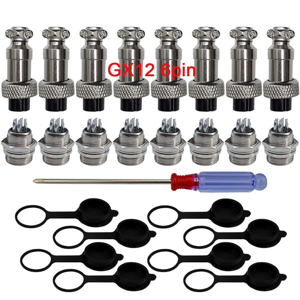 QitinDasen 8Pcs Premium 6 Pin GX12 Aviation Connector, 5A 12mm Thread Male Female Panel Metal Aviation Wire Connector Plug Socket, with Rubber Protector Cap and Phillips Screwdriver
