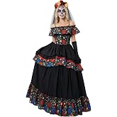 Cosplay.fm Day of the Dead Lady Costume for Adults Mexican Dress Maxi Cinco de Mayo Dress with Headpiece and Gloves
