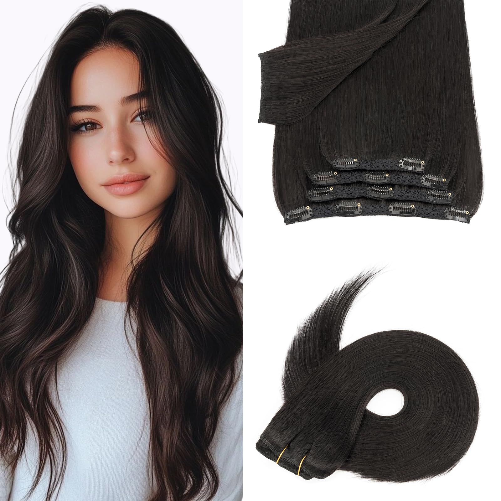 Silk-co Clip in Hair Extensions Real Human Hair Remy Double Weft With Lace Coverd Clip in Silky Straight Natural Thick Hair Seamless 7pcs 16Clips 110g 16Inch #1B Natural Black — image 1