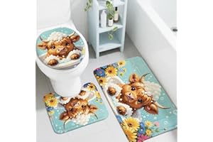 Peacoblue Highland Cow Bath Mats for Bathroom Rugs Sets 3Pcs with Toilet Lid Cover, Non Slip Bath Rug and Contour Mats Sets, 